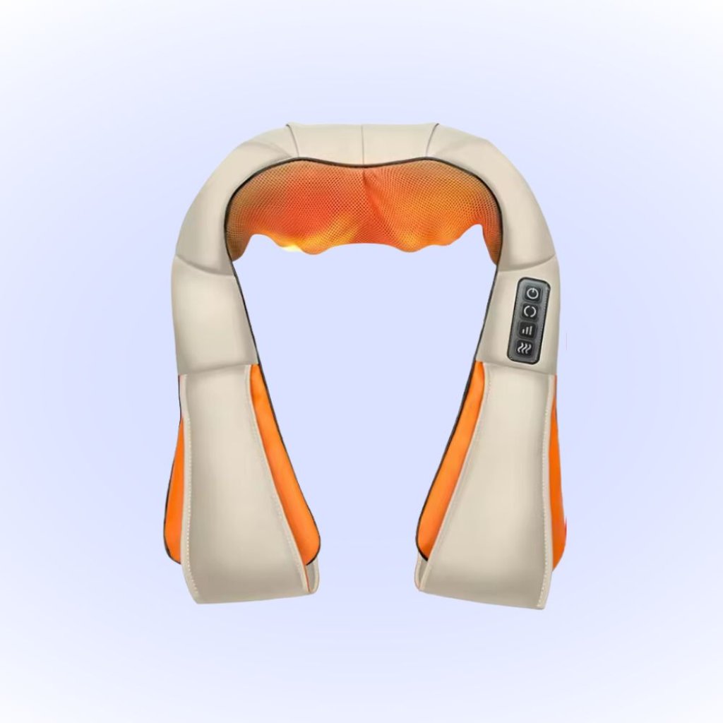 Beige and orange neck and shoulder massager with ergonomic design, featuring a control panel for adjustable settings and heating function.