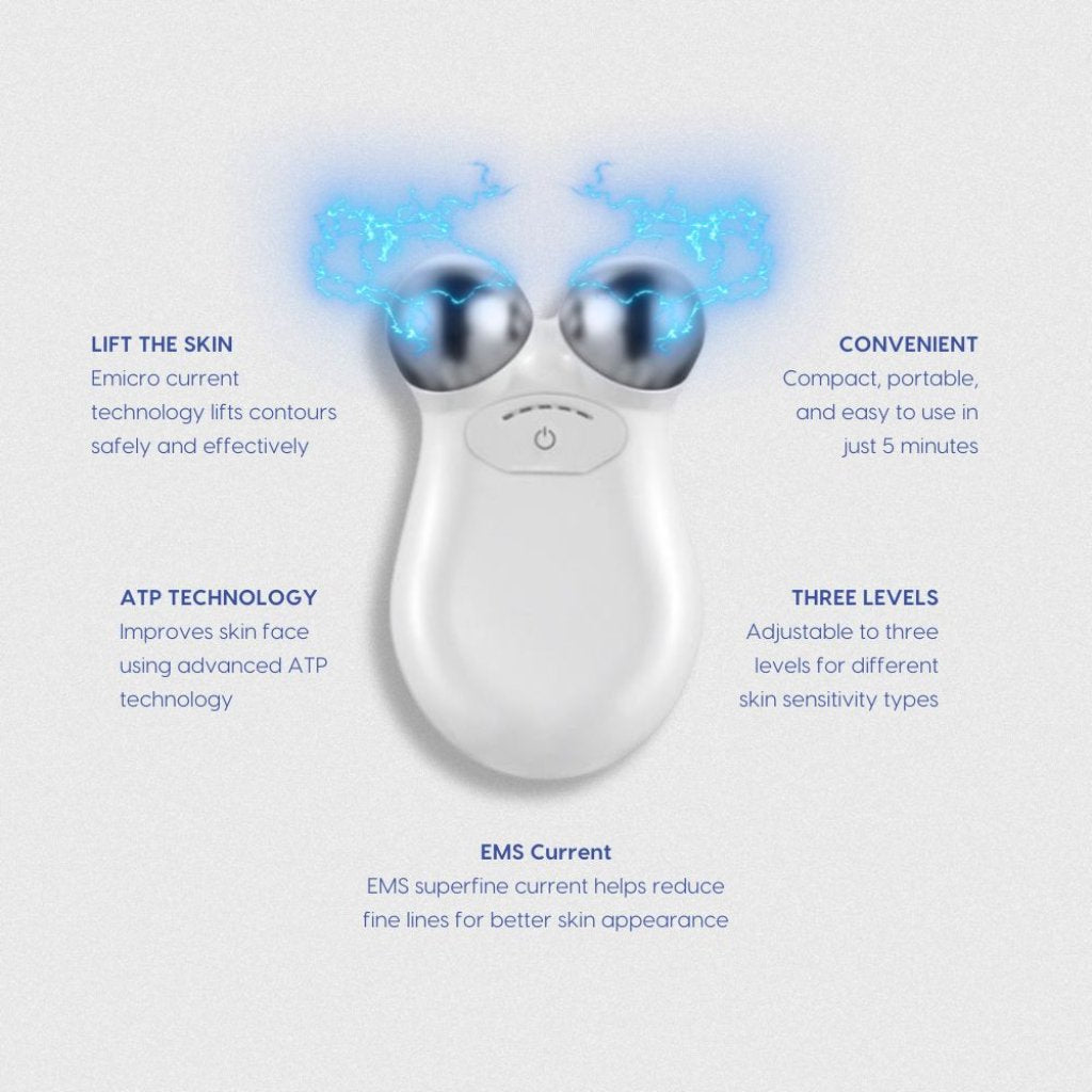Detailed view of microcurrent device's impact on skin, highlighting stimulation of skin contraction, collagen production, and enhanced skin healing.