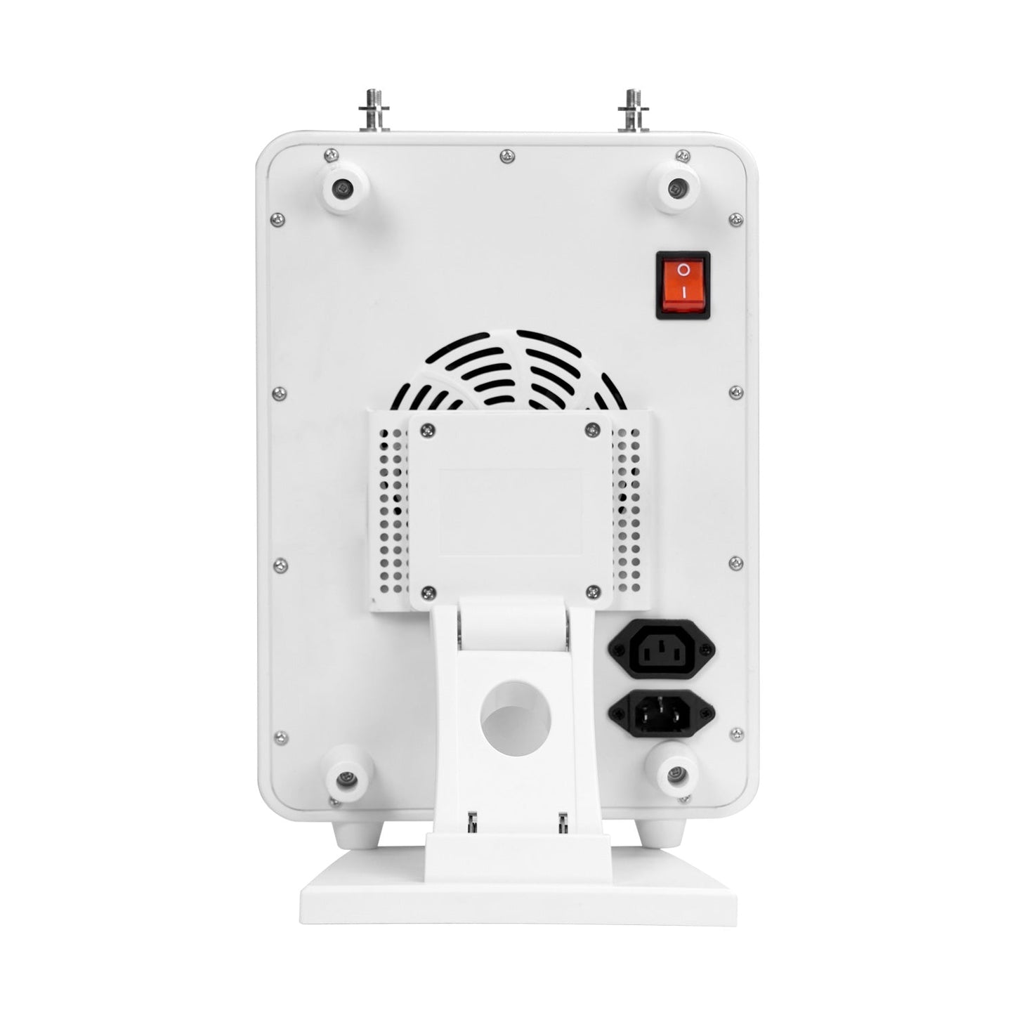 Rear view of the Nicebeam Red Light Therapy Panel, highlighting its power switch, ventilation system for heat management, dual power connection ports, and sturdy adjustable stand. The design emphasizes functionality and durability, ideal for both home and professional use, set against a clean white background.