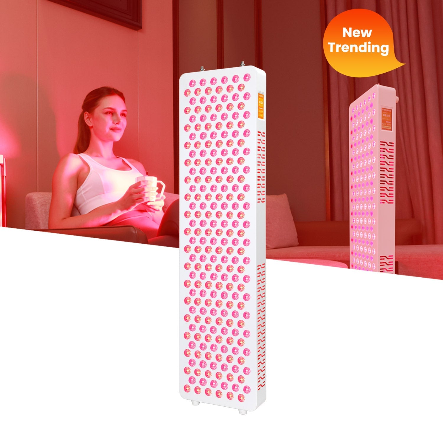 A promotional image of the Nicebeam Red Light Therapy Panel Master, featuring its sleek design with glowing LED lights emitting therapeutic red and near-infrared light. In the background, a woman enjoys a relaxing session on a couch, illuminated by the warm red light, emphasizing the product's home-use convenience. A 'New Trending' badge highlights the product's popularity.