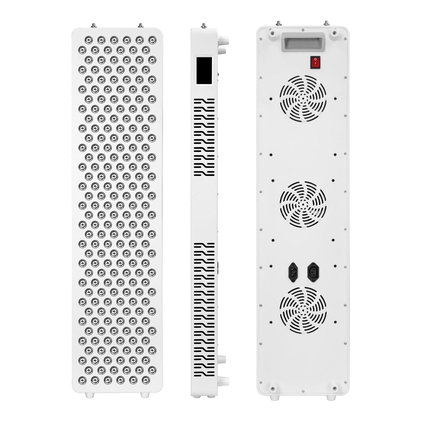 Three-angle view of the Nicebeam Red Light Therapy Panel, showcasing the front with its array of dual-chip LED lights, the side with a touch-screen control interface and vented heat dissipation design, and the rear featuring dual cooling fans, a power switch, and power connection ports. The image highlights the panel's sleek design and advanced functionality for optimal performance.