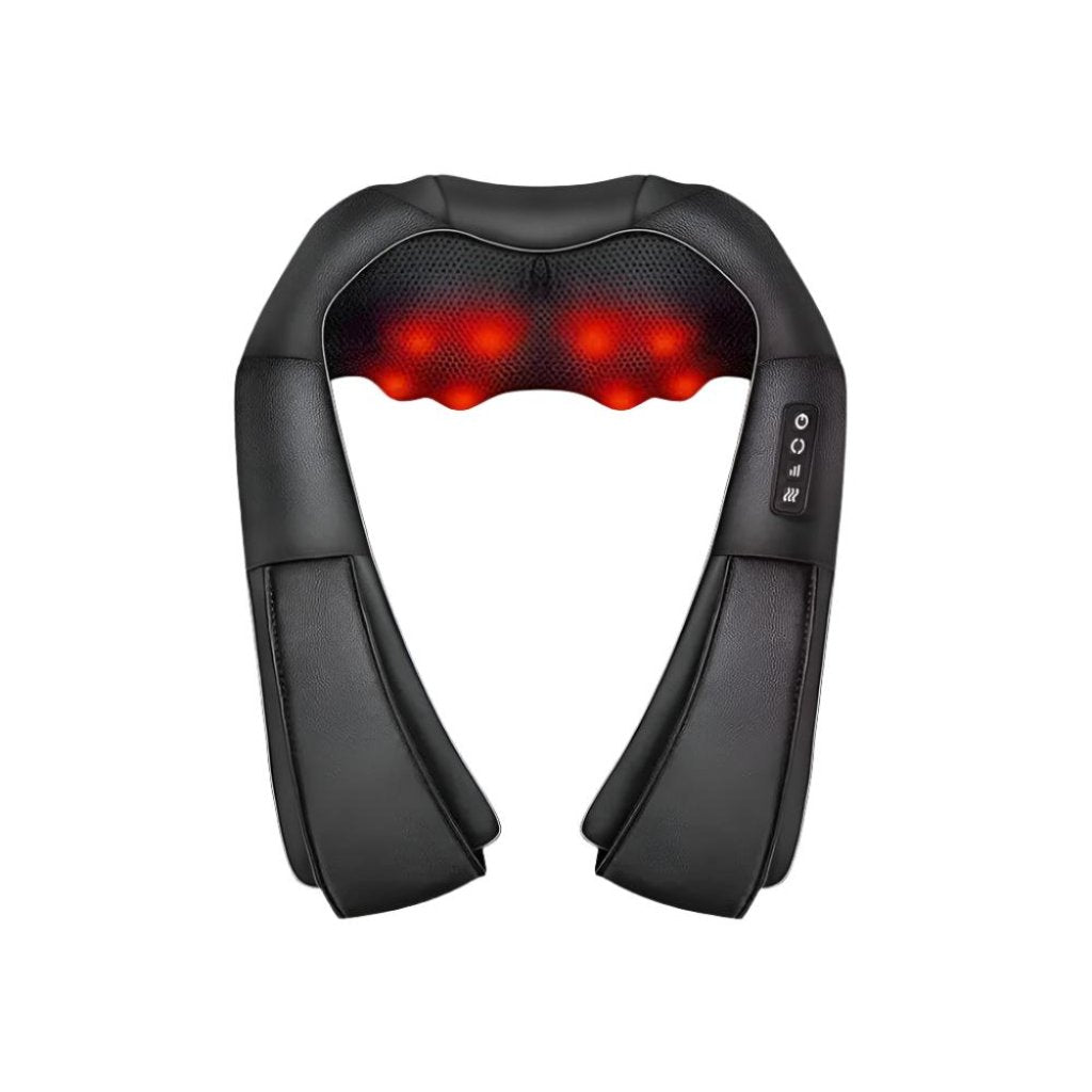 A black neck and shoulder massager with heated nodes, designed for deep tissue kneading and relaxation.
