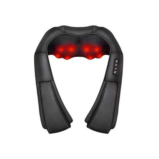 A black neck and shoulder massager with heated nodes, designed for deep tissue kneading and relaxation.