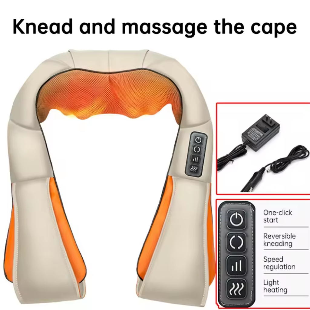 Beige and orange neck and shoulder massager with a control panel and included adapters, showcasing its versatile kneading and heating functions.