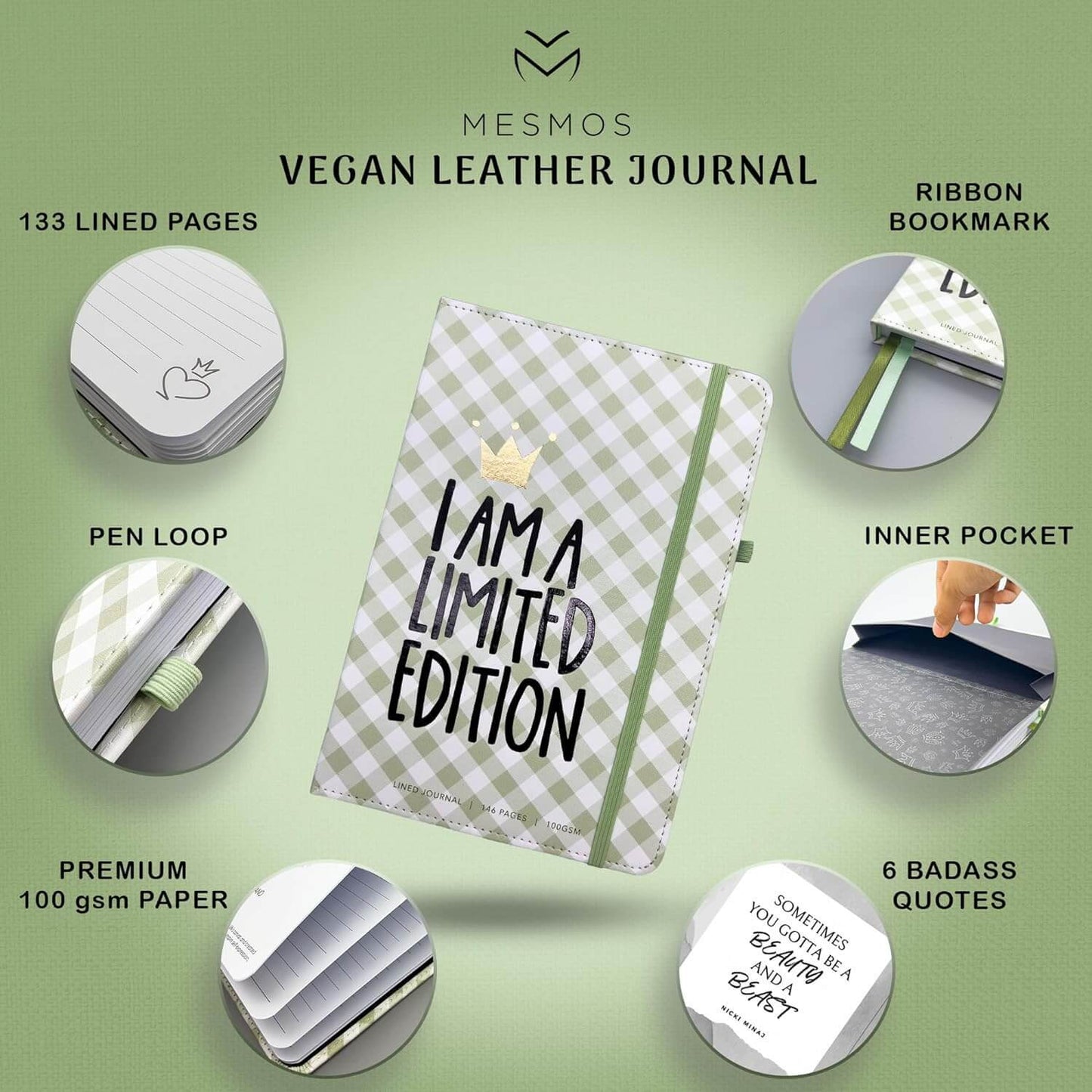 Vegan Leather Journal - Sage Green Gingham