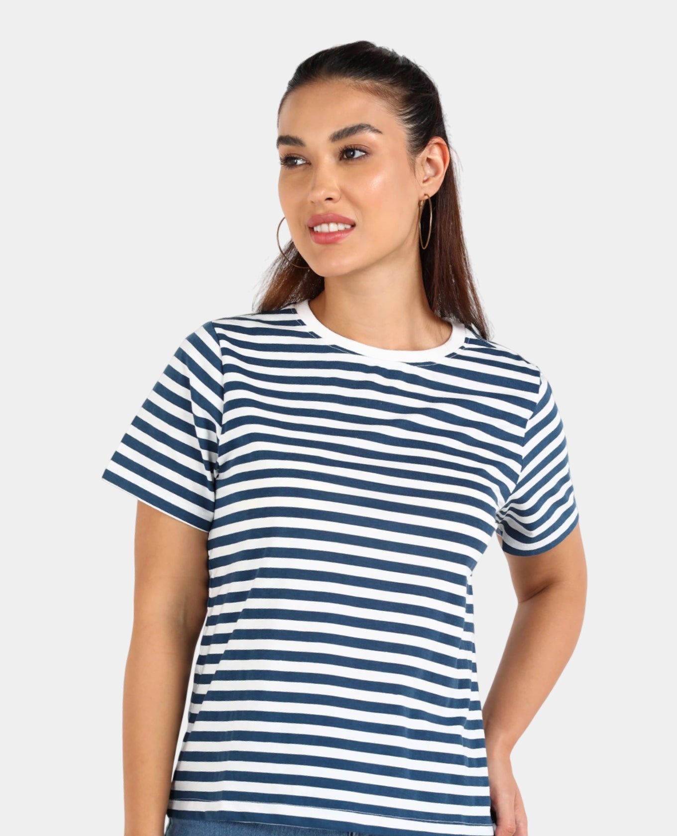 Round Neck Cotton Blend Blue T-Shirt