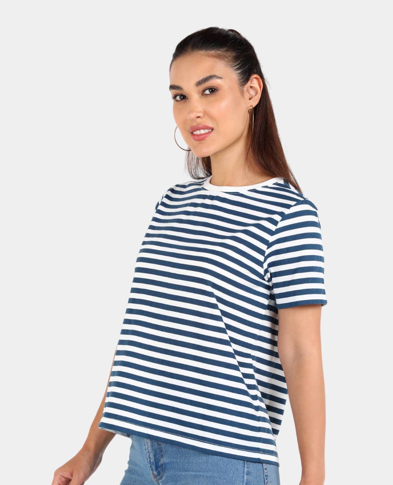 Round Neck Cotton Blend Blue T-Shirt