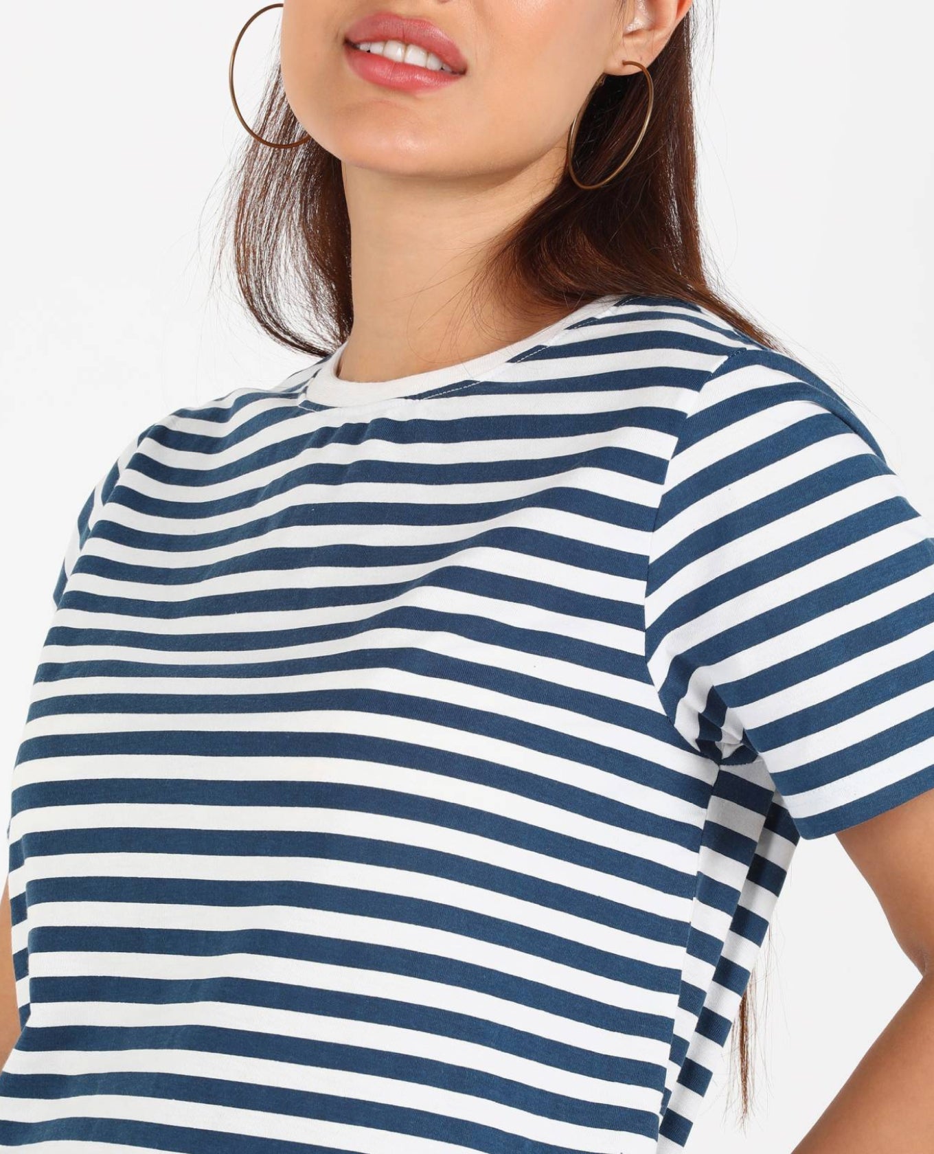 Round Neck Cotton Blend Blue T-Shirt