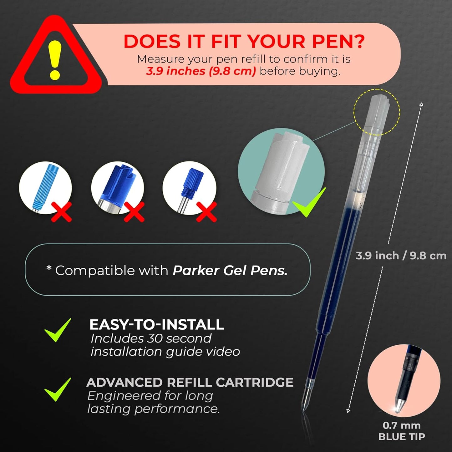 Blue Gel Pen Refills 3.9 inches (6pcs)