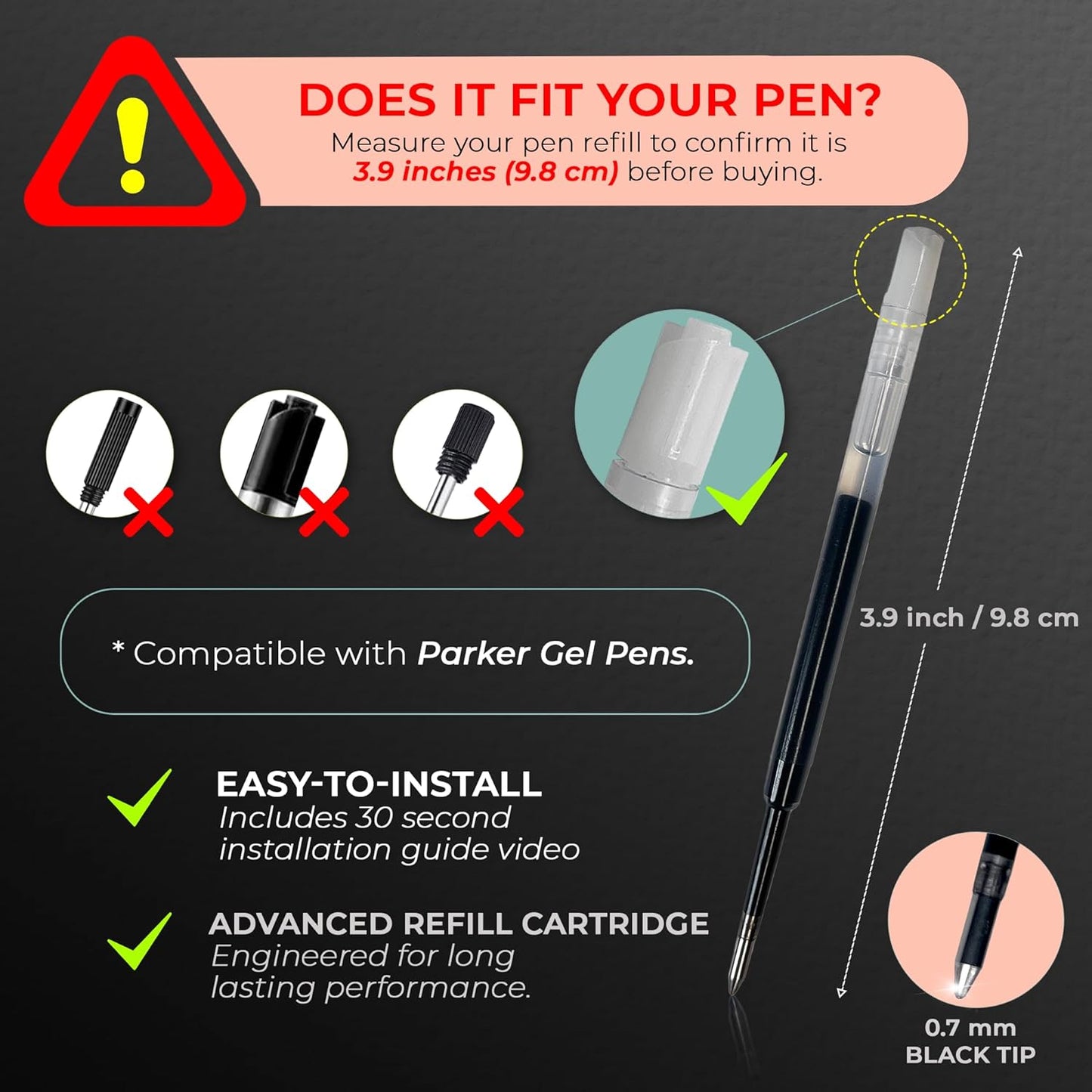 Black Gel Pen Refills 3.9 inches (6pcs)